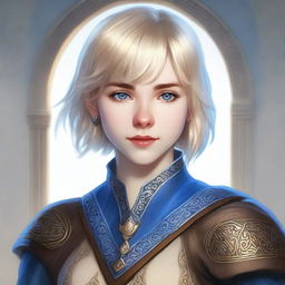 A realistic Dungeons & Dragons (D&D) style portrait of a 19-year-old human female bard with straight blonde bob haircut in a loose style with bangs