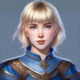 A realistic Dungeons & Dragons (D&D) style portrait of a 19-year-old human female bard with straight blonde bob haircut in a loose style with bangs
