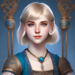 A realistic Dungeons & Dragons (D&D) style portrait of a 19-year-old human female bard with straight blonde bob haircut in a loose style with bangs