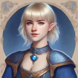 A realistic Dungeons & Dragons (D&D) style portrait of a 19-year-old human female bard with straight blonde bob haircut in a loose style with bangs