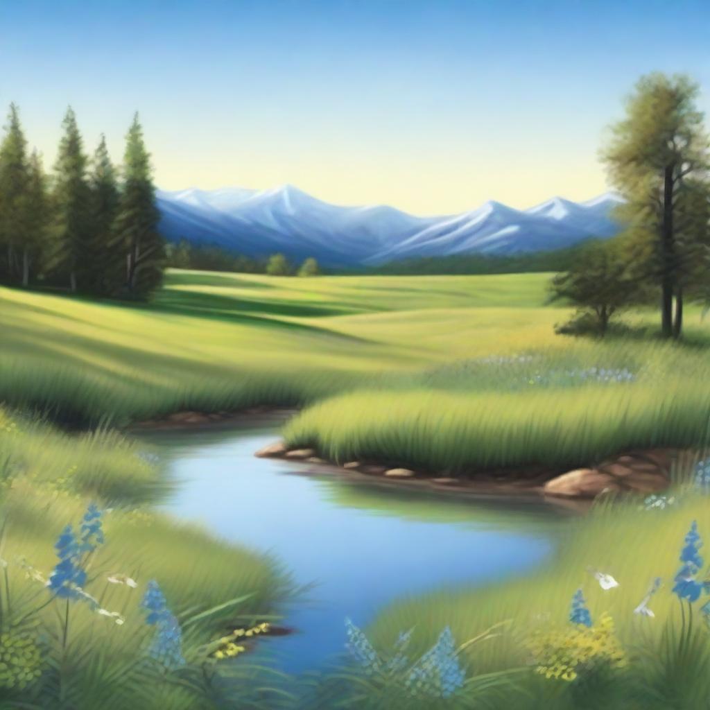 Create an image of a serene scene featuring a beautiful meadow with wildflowers, a clear blue sky, and a gentle stream flowing through