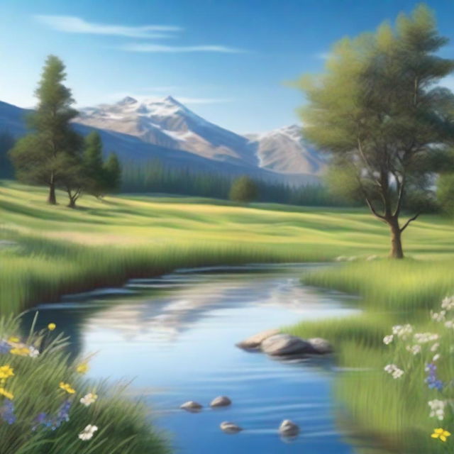 Create an image of a serene scene featuring a beautiful meadow with wildflowers, a clear blue sky, and a gentle stream flowing through