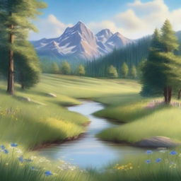 Create an image of a serene scene featuring a beautiful meadow with wildflowers, a clear blue sky, and a gentle stream flowing through