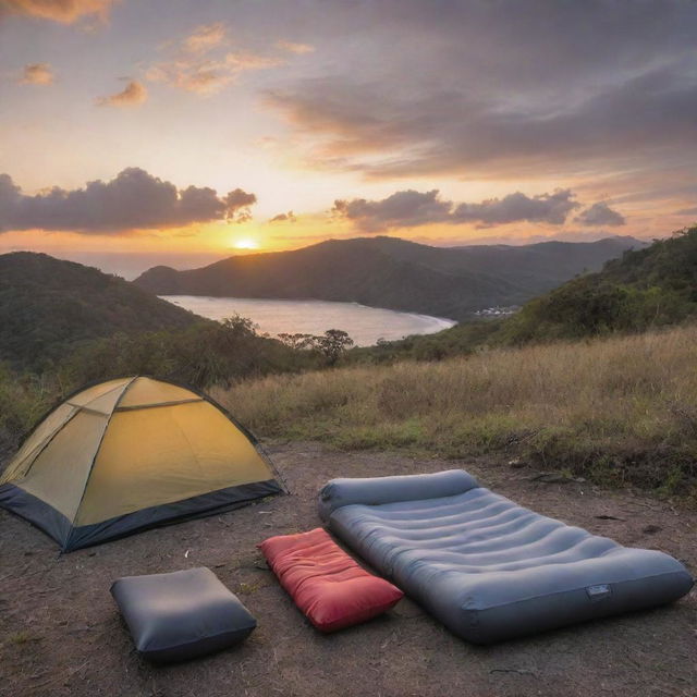 Place the grey and black foam sleeping pad in a picturesque El Salvadorian camping scene, highlighted by a stunning sunset and surrounded by typical camping gear.