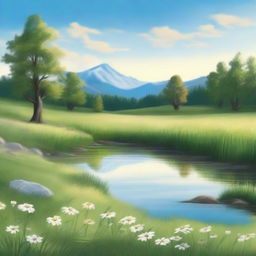 Create an image of a serene scene featuring a beautiful meadow with wildflowers, a clear blue sky, and a gentle stream flowing through