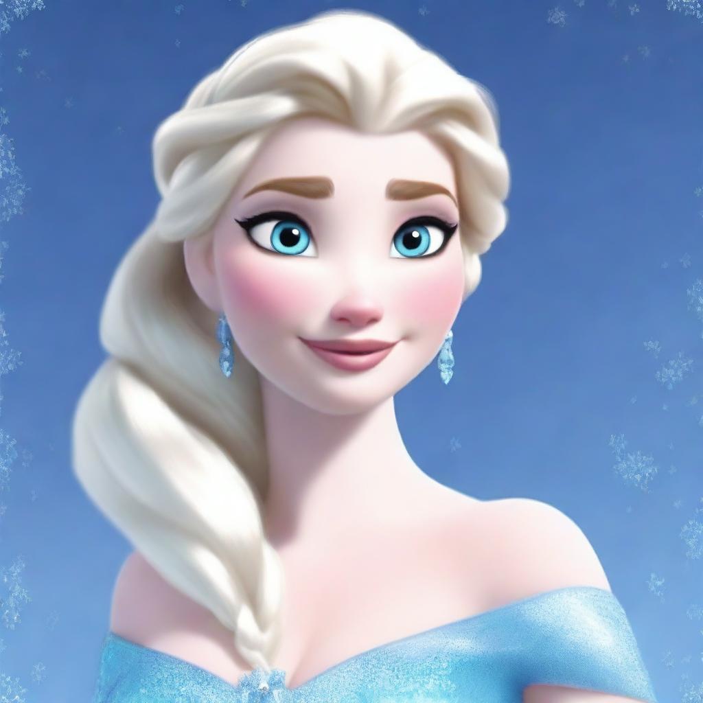 A depiction of Elsa from the movie Frozen, but with an exaggerated, busty figure