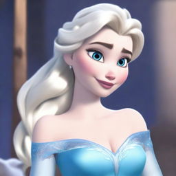 A depiction of Elsa from the movie Frozen, but with an exaggerated, busty figure