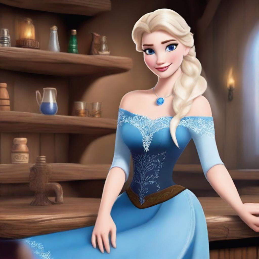 Create an image of Elsa from Frozen, reimagined as a bar wench in a medieval tavern