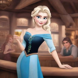 Create an image of Elsa from Frozen, reimagined as a bar wench in a medieval tavern