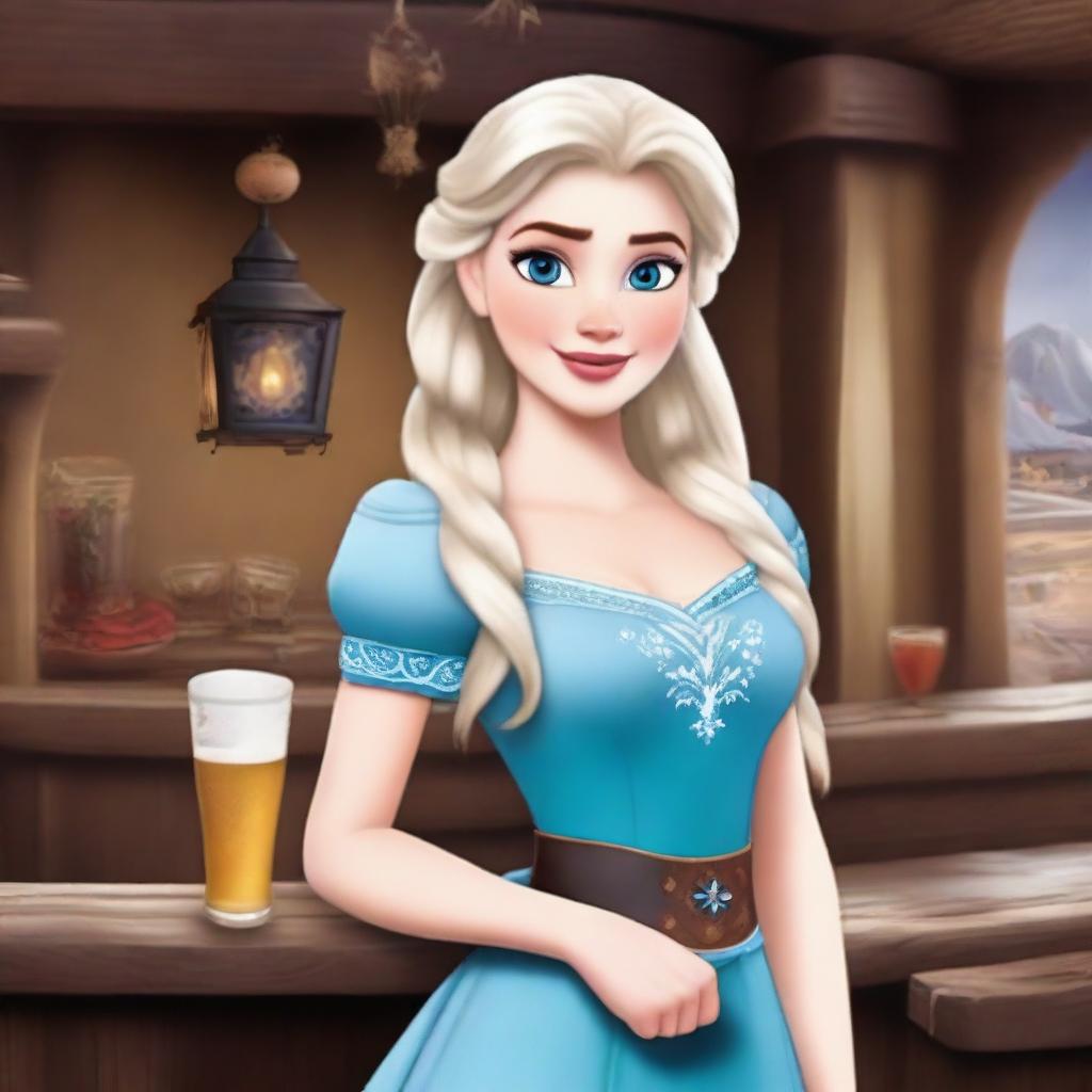 Create an image of Elsa from Frozen, reimagined as a bar wench in a medieval tavern