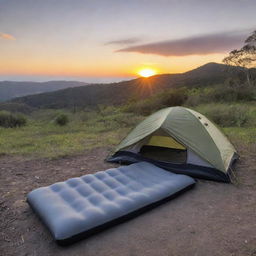 Place the grey and black foam sleeping pad in a picturesque El Salvadorian camping scene, highlighted by a stunning sunset and surrounded by typical camping gear.