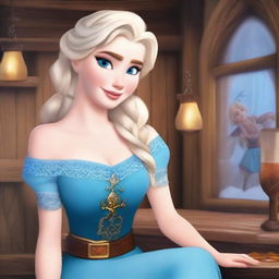 Create an image of Elsa from Frozen, reimagined as a bar wench in a medieval tavern