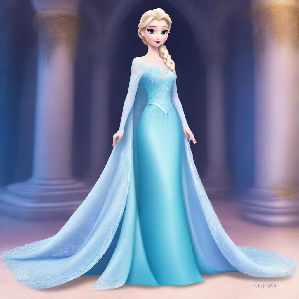 Create an image of Elsa wearing a very ample, low cut gown