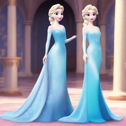 Create an image of Elsa wearing a very ample, low cut gown