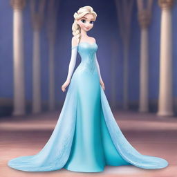 Create an image of Elsa wearing a very ample, low cut gown