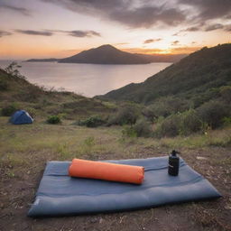 Place the grey and black foam sleeping pad in a picturesque El Salvadorian camping scene, highlighted by a stunning sunset and surrounded by typical camping gear.