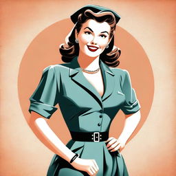 A classic pinup style illustration featuring a glamorous woman in a vintage outfit, striking a playful and confident pose