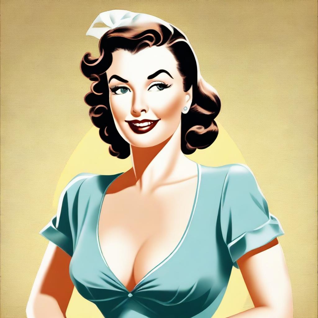 A classic pinup style illustration featuring a glamorous woman in a vintage outfit, striking a playful and confident pose