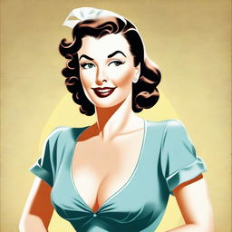 A classic pinup style illustration featuring a glamorous woman in a vintage outfit, striking a playful and confident pose