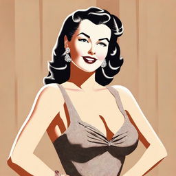 A classic pinup style illustration featuring a glamorous woman in a vintage outfit, striking a playful and confident pose