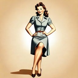 A classic pinup style illustration featuring a glamorous woman in a vintage outfit, striking a playful and confident pose