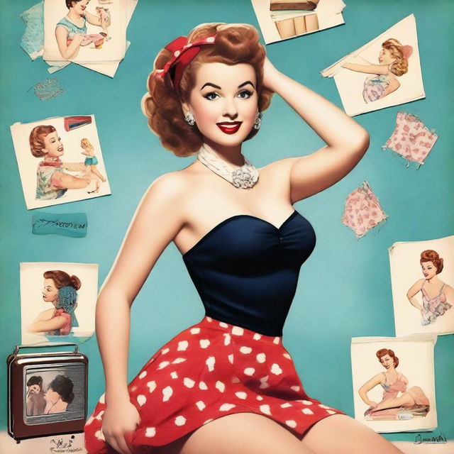 Create an image of a 1950s pinup girl, featuring classic retro styling with vintage clothing, hairstyles, and makeup