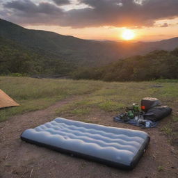 Place the grey and black foam sleeping pad in a picturesque El Salvadorian camping scene, highlighted by a stunning sunset and surrounded by typical camping gear.