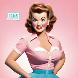 Create an image of a 1950s pinup girl, featuring classic retro styling with vintage clothing, hairstyles, and makeup