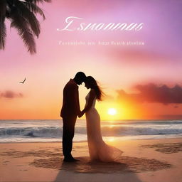 A romantic book cover featuring a couple in a loving embrace, set against a beautiful sunset on a beach