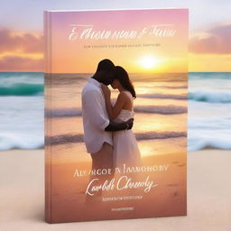 A romantic book cover featuring a couple in a loving embrace, set against a beautiful sunset on a beach