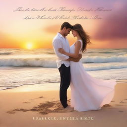 A romantic book cover featuring a couple in a loving embrace, set against a beautiful sunset on a beach