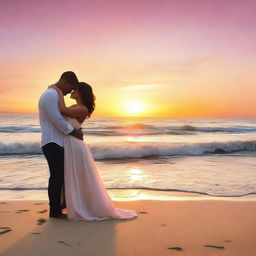 A romantic book cover featuring a couple in a loving embrace, set against a beautiful sunset on a beach