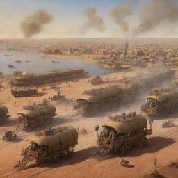 A depiction of Niger endowed with steampunk characteristics, featuring a cityscape of Niamey adorned with interwoven machinery, sun-soaked deserts traversed by steam-caravans, and the Niger River accommodating steam-powered boats.