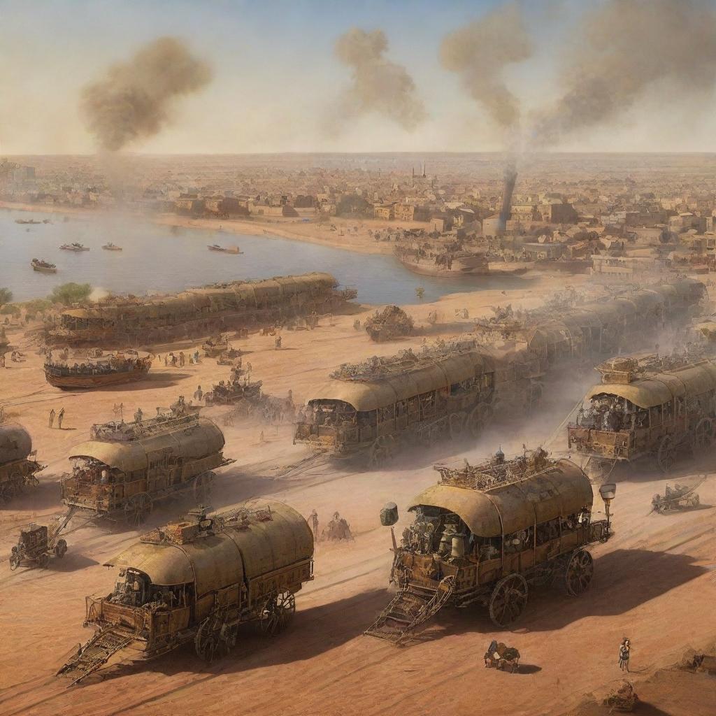 A depiction of Niger endowed with steampunk characteristics, featuring a cityscape of Niamey adorned with interwoven machinery, sun-soaked deserts traversed by steam-caravans, and the Niger River accommodating steam-powered boats.
