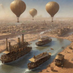 A depiction of Niger endowed with steampunk characteristics, featuring a cityscape of Niamey adorned with interwoven machinery, sun-soaked deserts traversed by steam-caravans, and the Niger River accommodating steam-powered boats.