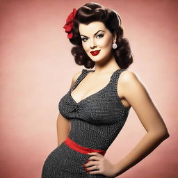 A classic pinup girl in a vintage style, posing in a sultry and glamorous manner