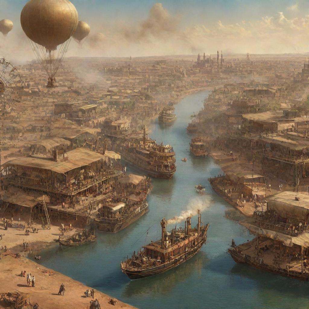 A depiction of Niger endowed with steampunk characteristics, featuring a cityscape of Niamey adorned with interwoven machinery, sun-soaked deserts traversed by steam-caravans, and the Niger River accommodating steam-powered boats.