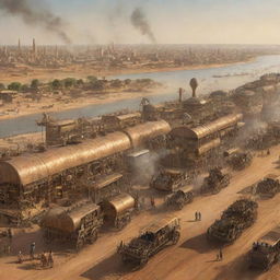 A depiction of Niger endowed with steampunk characteristics, featuring a cityscape of Niamey adorned with interwoven machinery, sun-soaked deserts traversed by steam-caravans, and the Niger River accommodating steam-powered boats.