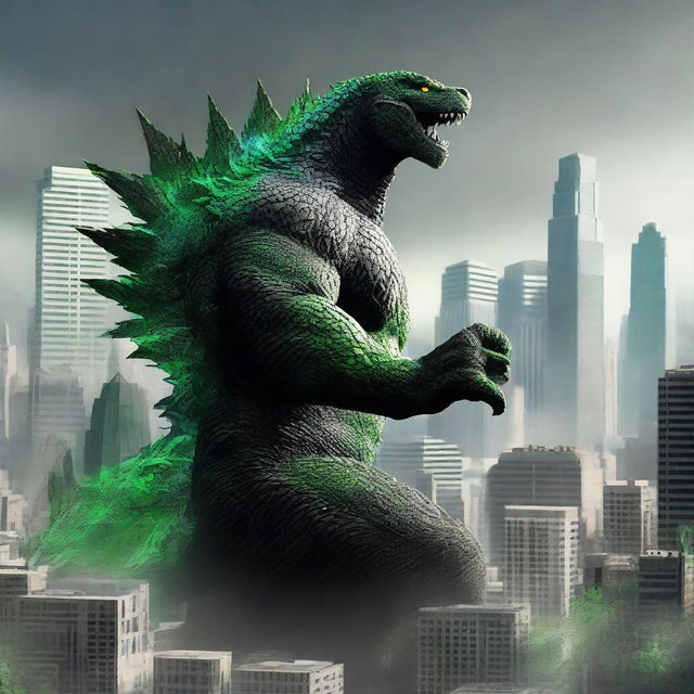 Imagine Godzilla towering over the city, holding a massive machine bolt in one claw, its sharp teeth bared in a fierce expression