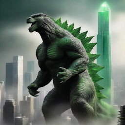 Imagine Godzilla towering over the city, holding a massive machine bolt in one claw, its sharp teeth bared in a fierce expression