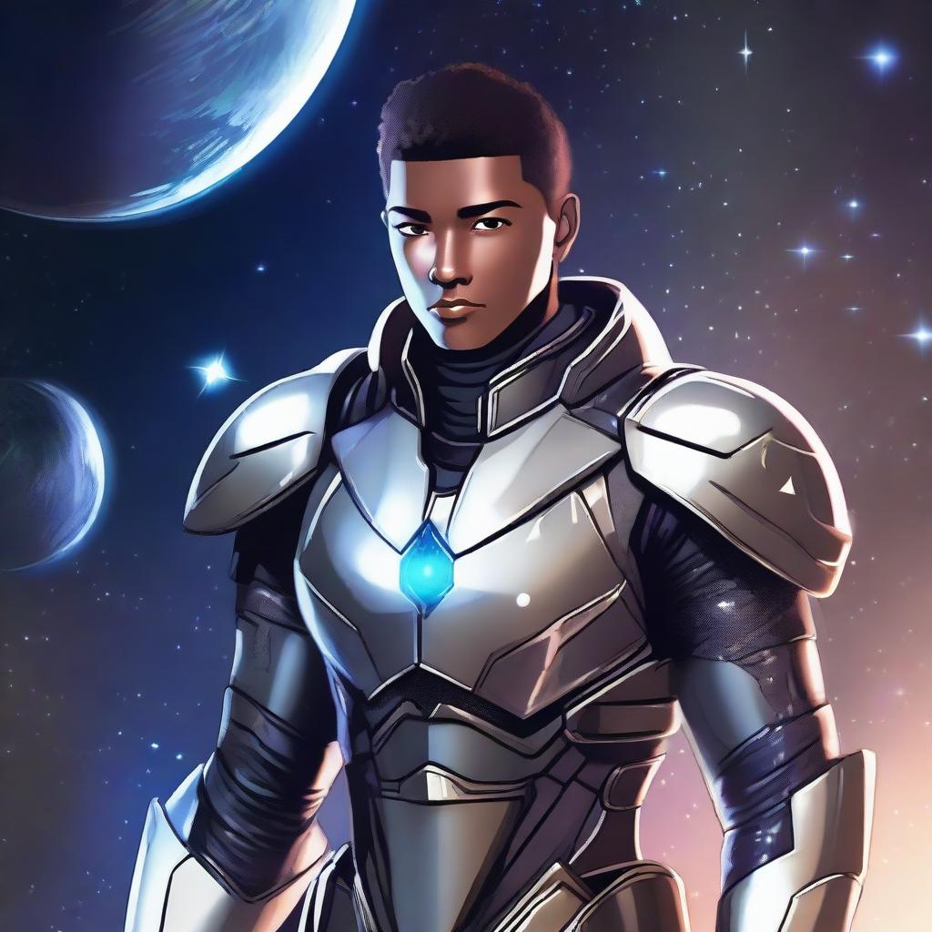 A lithe male human space knight, appearing as a young adult