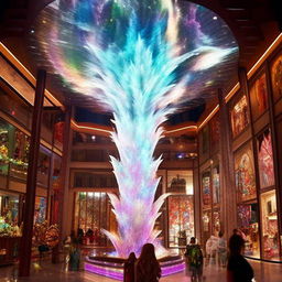 A fantastical magic mall filled with luminous, spiraling escalators, shops selling mystical artifacts, dazzling light displays, enchanted creatures wandering around, and an enchanted fountain in the center.