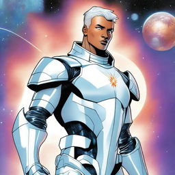 A lithe male human space knight, appearing as a young adult with white skin