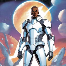 A lithe male human space knight, appearing as a young adult with white skin