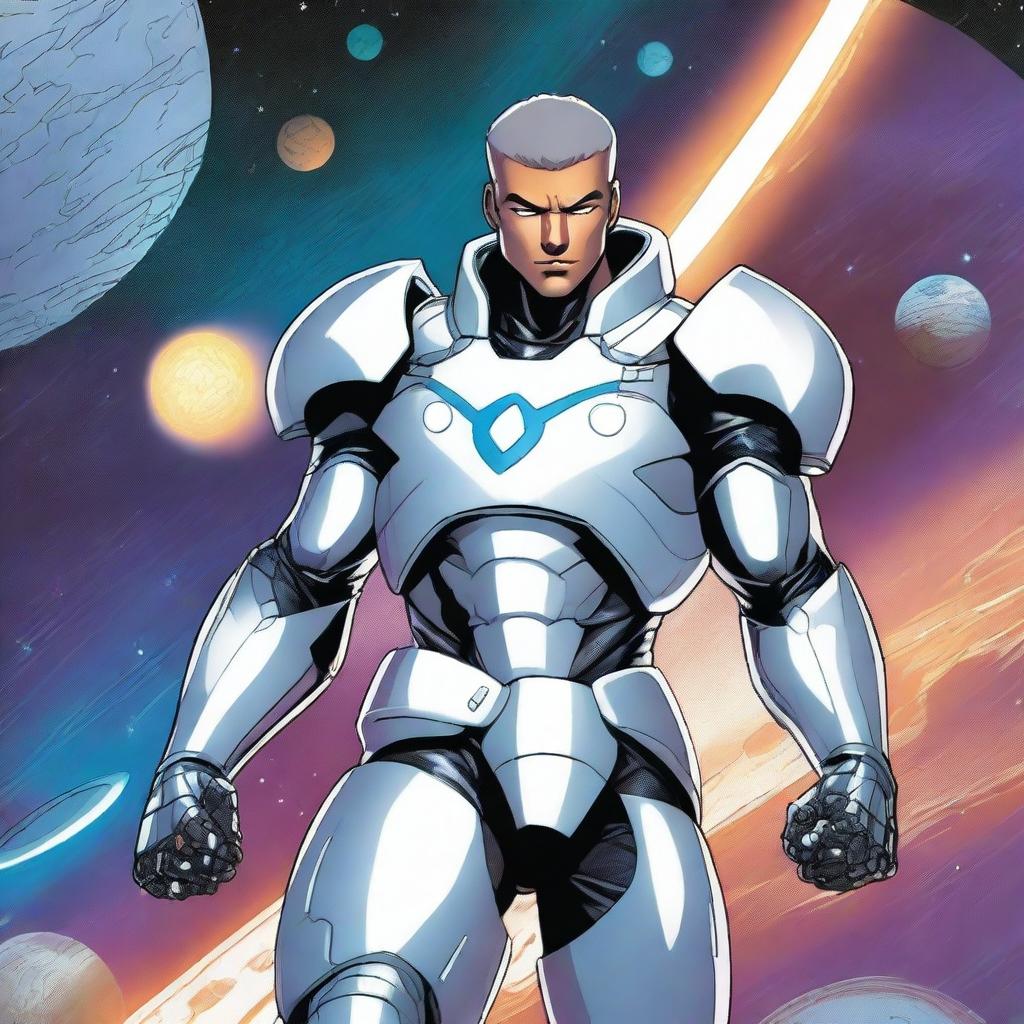 A lithe male human space knight, appearing as a young adult with white skin