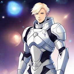 A lithe male human space knight with towhead blonde hair, appearing as a young adult with white skin