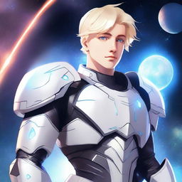 A lithe male human space knight with towhead blonde hair, appearing as a young adult with white skin