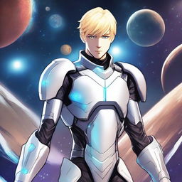 A lithe male human space knight with towhead blonde hair, appearing as a young adult with white skin