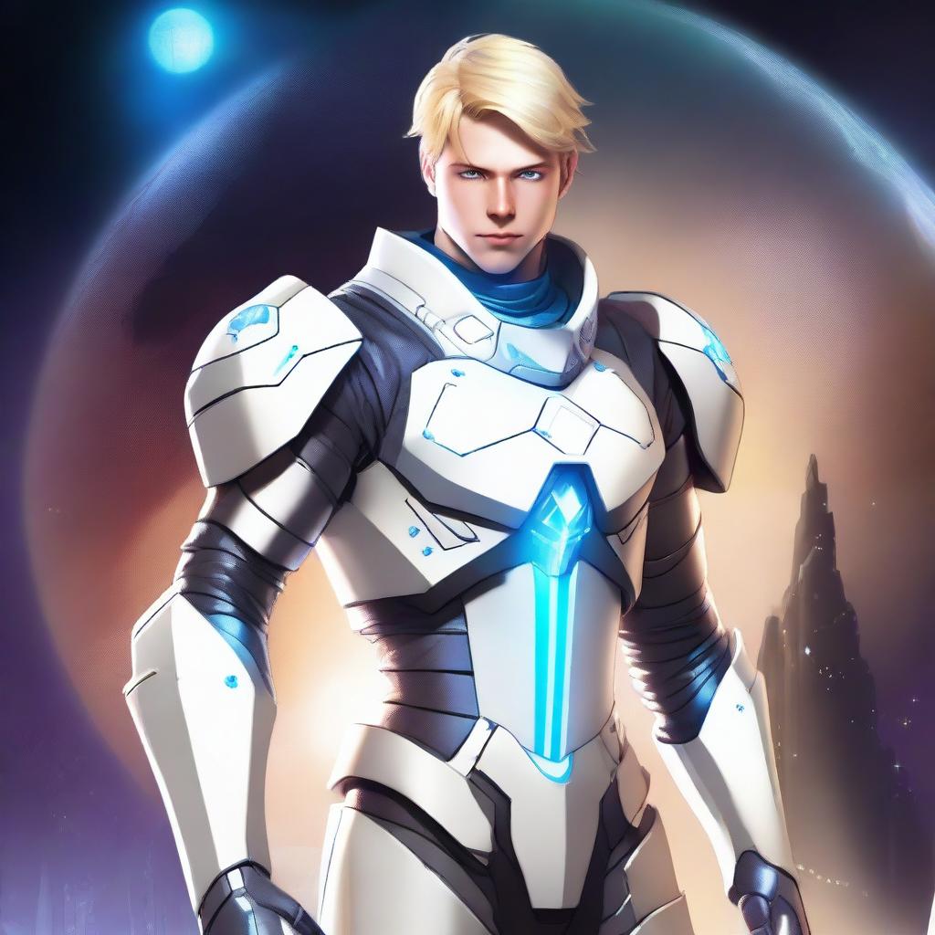 A lithe male human space knight with towhead blonde hair, appearing as a young adult with white skin