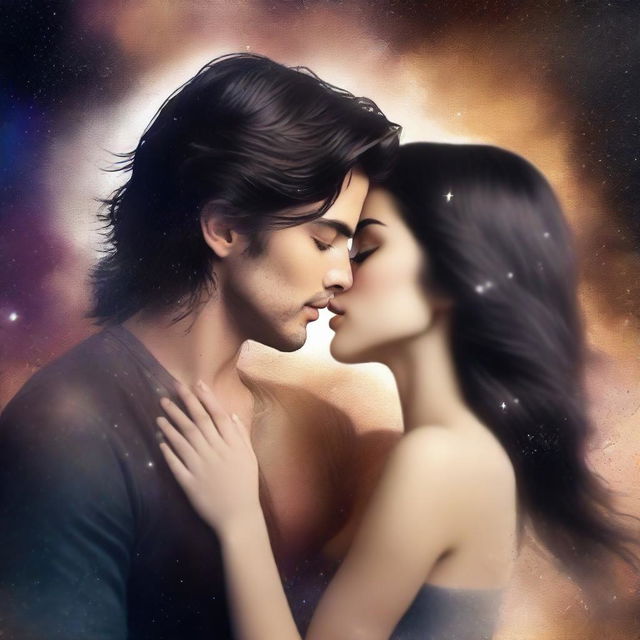 Create a romance book cover featuring two faces kissing